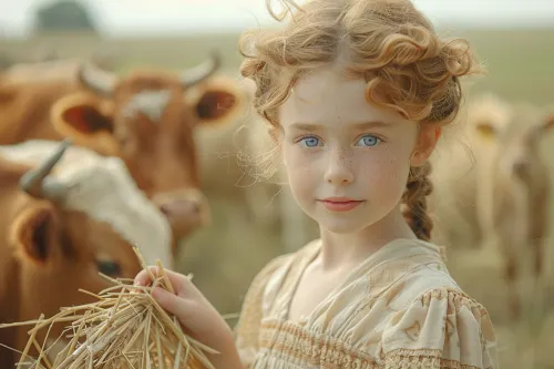 Girl in a dress holding hay, surrounded by cows in a pasture