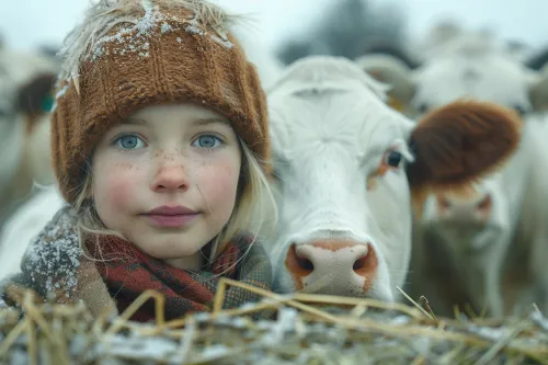 Portrait of a girl with blue eyes in a warm hat and a cow beside her on a winter day