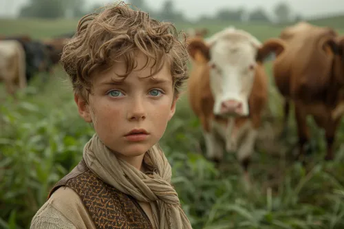 Portrait of a boy with deep blue eyes against a backdrop of cows in a field