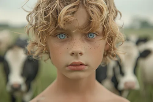 Portrait of a boy with short hair and blue eyes against a background of cows