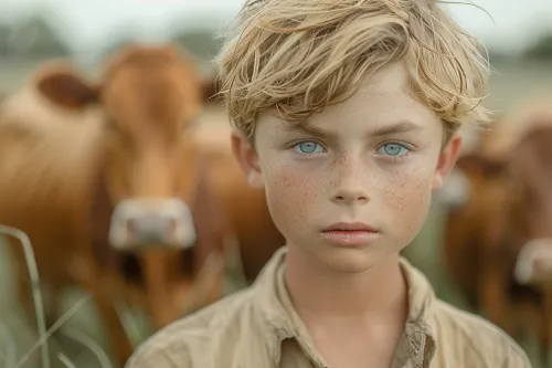 Portrait of a boy with blue eyes and light hair against a background of cows