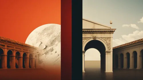 La imagen combina elementos de la arquitectura y el paisaje cósmico en un estilo único