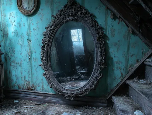 Espejo antiguo en una habitación abandonada con una atmósfera polvorienta