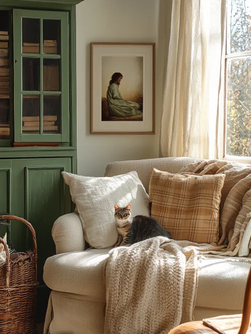 Cat on a sofa next to a painting and cozy cushions