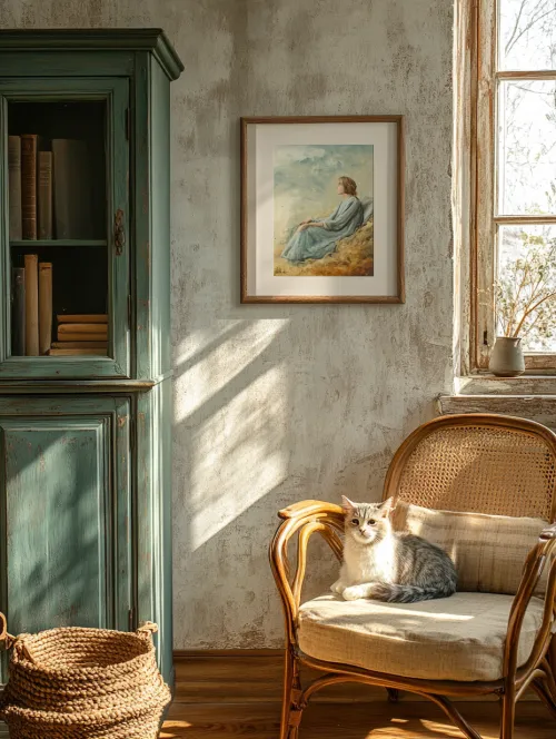 Cat on an armchair in a room with a bookshelf and a painting on the wall