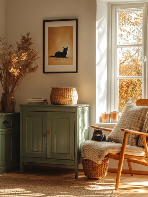 Habitación con una pintura de un gato negro y muebles acogedores