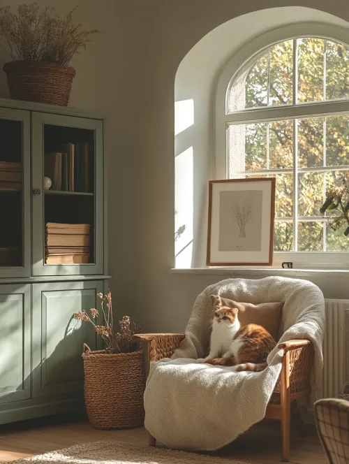 Cat sitting on an armchair with a blanket in a bright room