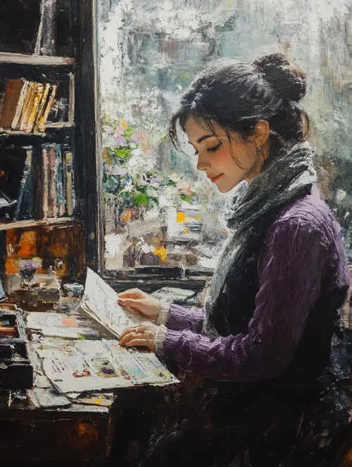 Молодая женщина читает бумагу, окружённая книгами и цветами