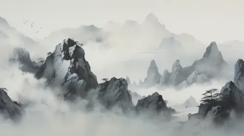 Image of a mountainous landscape with fog and trees