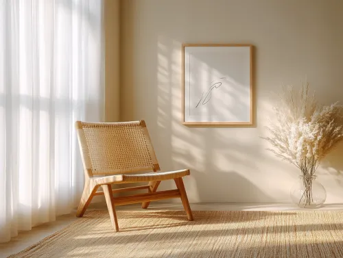 Interior de una habitación con silla, pintura y flores secas