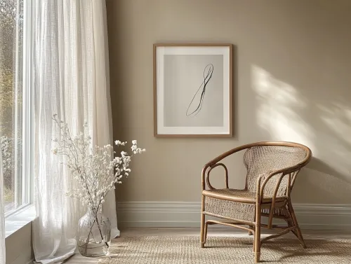 Cozy corner with a woven armchair and an abstract painting on the wall