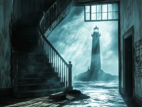 Interior de una casa abandonada con escaleras y un faro de fondo