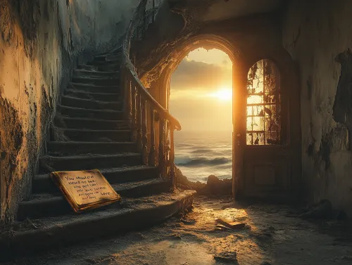Interior of an old building with a staircase and sunrise outside the window