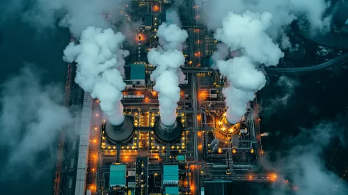 View of an industrial site with smoking chimneys and green roofs