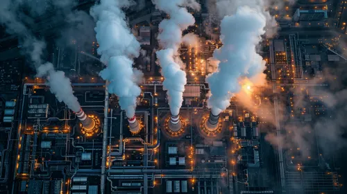 Aerial shot of a power plant with smoke and flames above