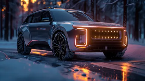 Elegante SUV con faros brillantes en un camino nevado