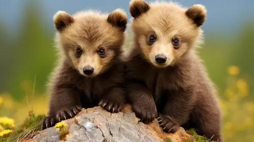 Two bear cubs sit on a large rock among bright flowers