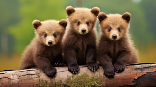 Bear cubs playing on a log in a natural setting