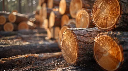 Sunlit logs stacked at the sawmill create a beautiful texture