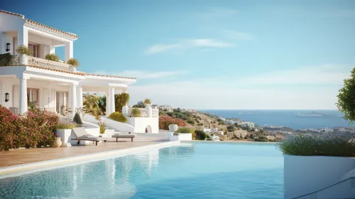 Modern villa with a pool and a view of the sky and sea