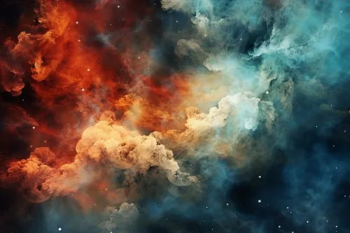 Bright cosmic cloud with shades of blue, orange, and red