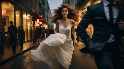 Novia en vestido de boda corriendo por la calle de la ciudad bajo la luz de la tarde
