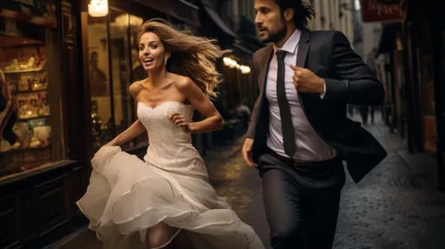 Feliz novia y novio corriendo por una calle estrecha vestidos de boda