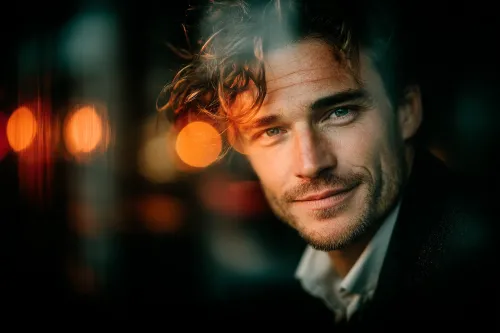 Un hombre de ojos brillantes y cabello rizado luce confiado frente a un fondo de luces desenfocadas