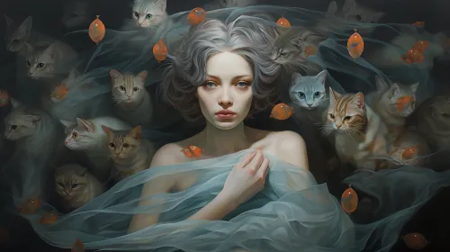 Mujer con cabello gris entre gatos y elementos naranjas