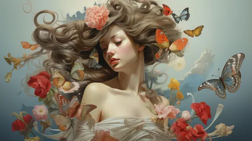 Illustration of a beautiful girl with butterflies and flowers around her