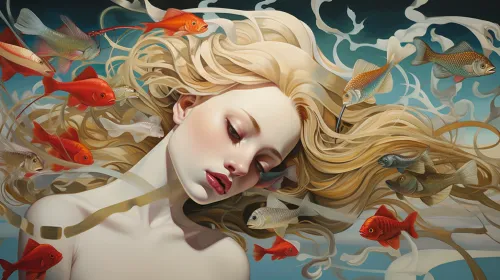 Image of a woman with long hair, surrounded by goldfish