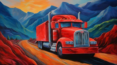Red truck on the road among mountains and forests under a bright sky