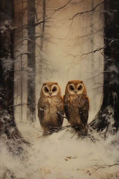 Image of two owls sitting on a branch in a snowy forest