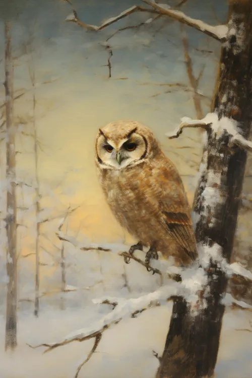 Golden owl sitting on a snowy branch of a tree in a winter forest