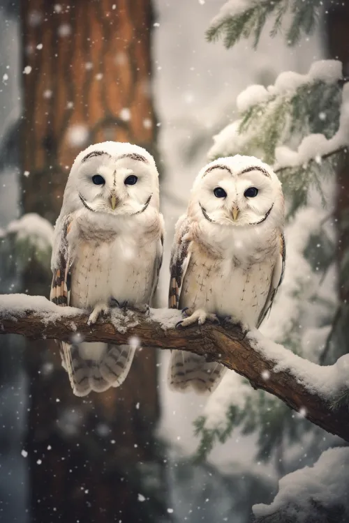 Two snow-white owls perched on a branch in a snowy forest