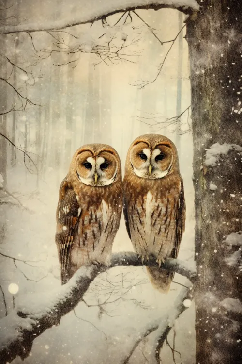 Cute owls sitting on a branch in a snowy forest