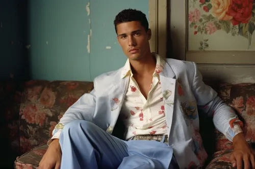 Model in a floral suit against a vintage setting