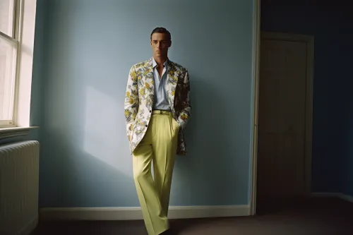 A modern man in a colorful suit against a blue wall