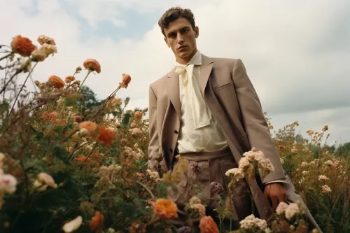 Joven elegante en traje de chaqueta de pie entre flores