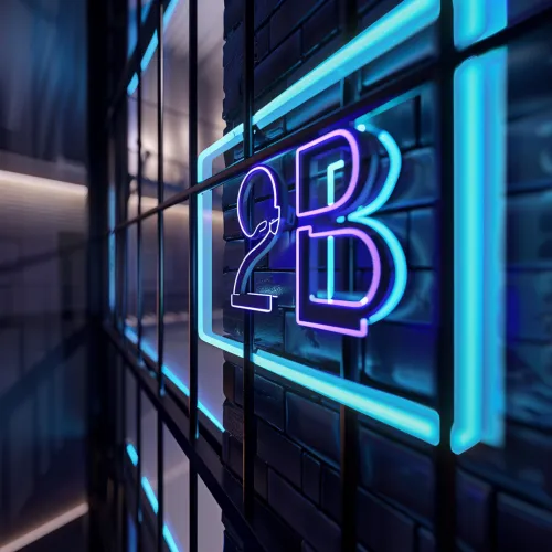 Mysterious neon sign with '2B' text on a brick wall