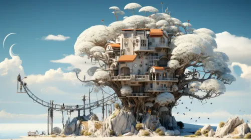 Unique house embedded in a large tree against a backdrop of clear sky