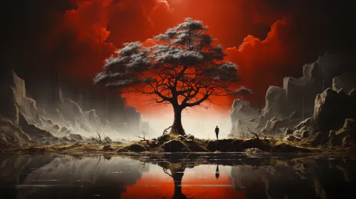 Silhouette de un árbol contra un cielo rojo y su reflejo en el agua