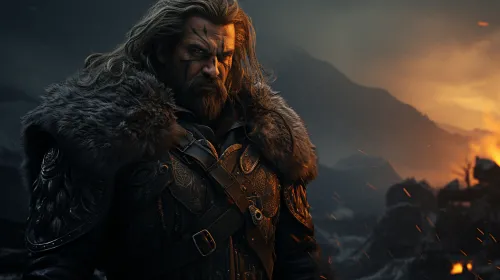 Fantasy warrior with long hair and furs against a backdrop of mountains
