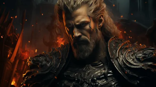 Heroism: Warrior with Long Hair and Armor Surrounded by Bright Flames