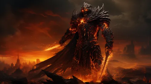 Powerful warrior with flaming swords against the backdrop of a ruined city