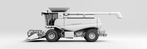 Image of a white harvester with a cabin and cutting header on a gray background