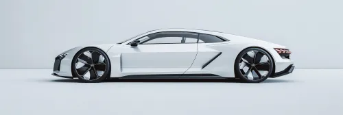 Automóvil deportivo blanco con acentos negros frente a una pared neutral