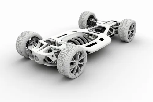 Modelo de chasis de automóvil con mecanismos y ruedas visibles