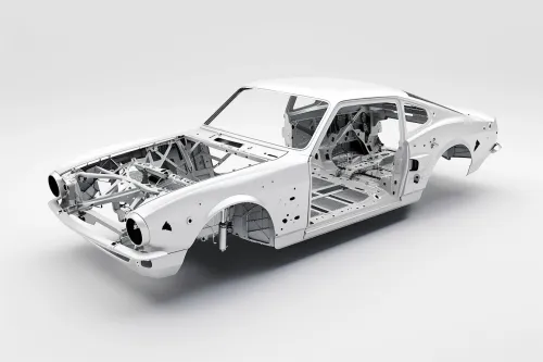 Imagen del chasis de un automóvil, realizado en color blanco y sin revestimientos de carrocería