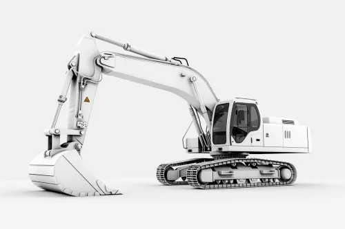 Excavator with an Extended Arm and Bucket on a Light Background